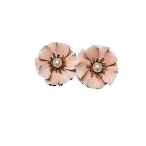 Vintage Coro Pink Enamel Flower Clip On Earrings Faux Pearl